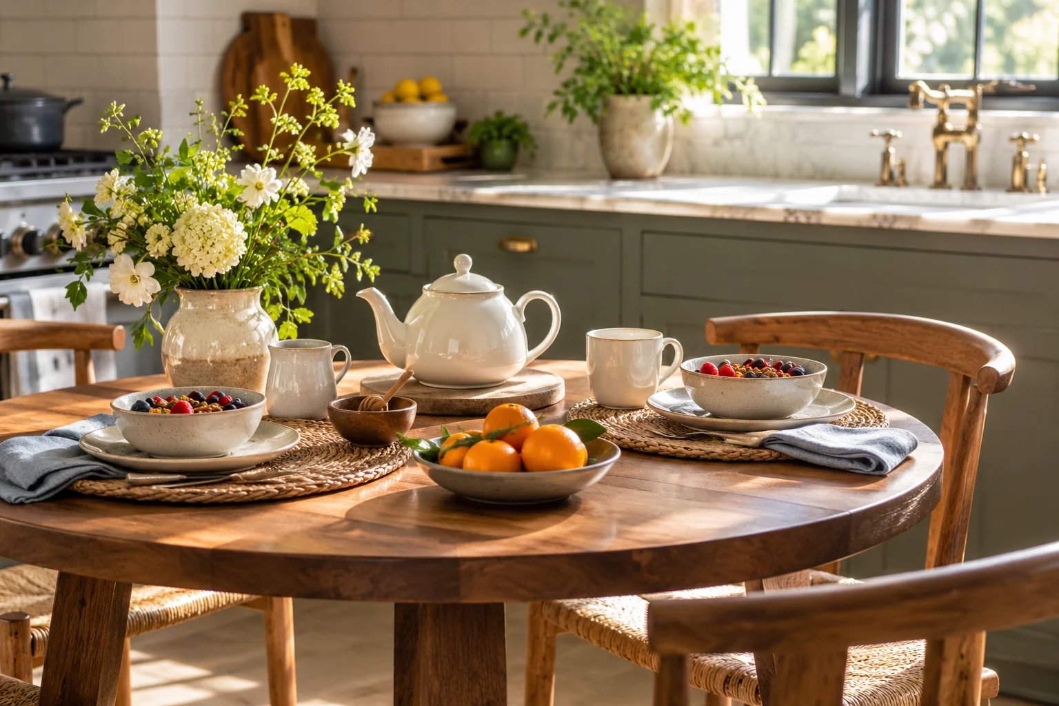 AI-created editorial illustration: A bright comfortable kitchen breakfast table set for two, a simple teapot and easy-to-reach everyday items, dignified lived-in detail, premium lifestyle photography.